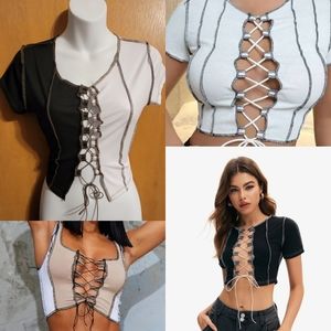NWOT Y2K Style Lace-up Two Tone Top-stitching Hem Top